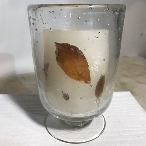 Glass Hurricane Candle Holder With Leaf Decorated Pillar Candle Set - Picture 7 of 10